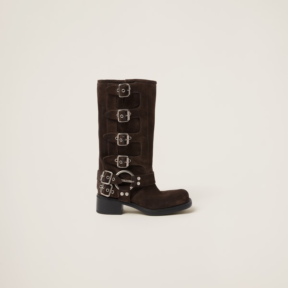 Miu Miu Dark Brown Suede Moto Boots - Picture 2 of 3